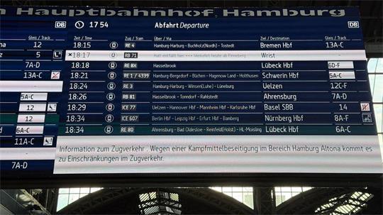 Eine Bombenentschärfung in Hamburg sorgt für Zugausfälle.