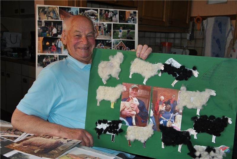 Eine Collage mit flauschigen Schafen und Fotos erinnern an den Besuch vieler Kinder im Schafstall in der alten Kiesgrube in Agathenburg: Manfred Bartsch zeigt Bilder aus seiner Zeit als Schmied, Lokführer, Schafzüchter und Ofenheizer im Bac