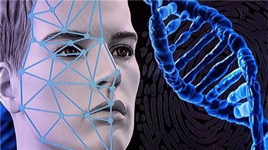 Eine Computergrafik zum Thema Gesichtserkennung mit der Darstellung einer DNA-Doppelhelix und einem symbolischen Fingerabdruck (im Hintergrund).