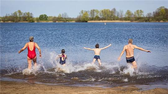 Eine Familie läuft bei sonnigem Wetter in den Hufeisensee in der Region Hannover.