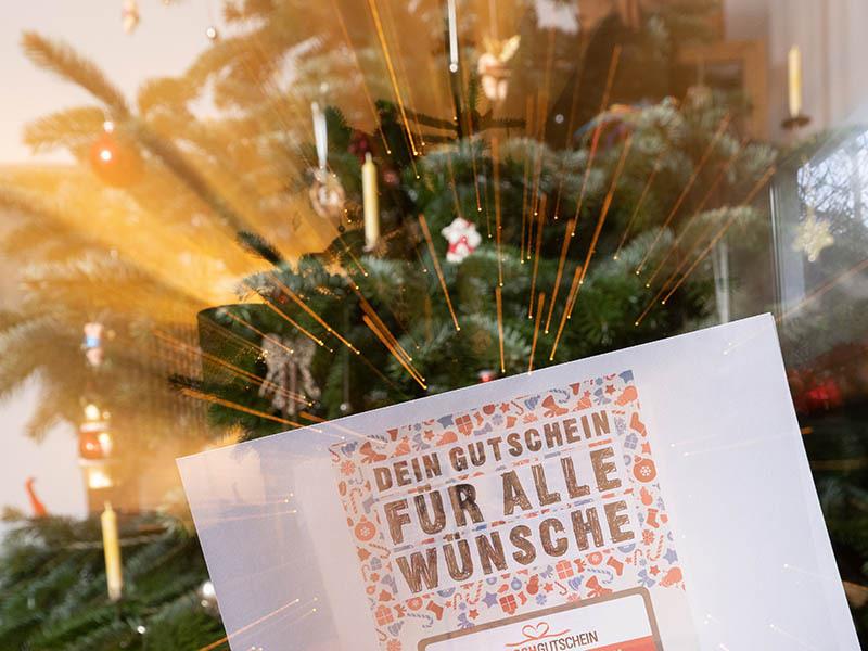 Eine Hand hält einen Wunschgutschein vor einem Weihnachtsbaum (Symbolbild). Foto: Bernd Weißbrod/dpa