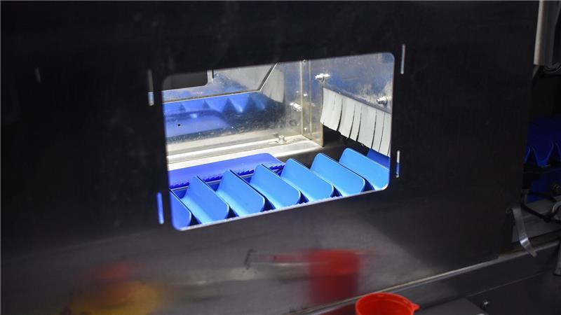 Eine Kamera an der Sortiermaschine kann die Eigenschaften jeder einzelnen Spargelstange scannen, anschließend werden die 16 verschiedenen Sorten automatisch in die richtige Kiste befördert.