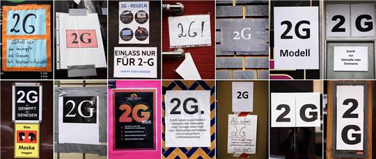 Eine Kombo zeigt verschiedenen Hinweise zum Einlass nach den 2G-Regeln (Geimpft, Genesen) an Bars, Clubs und Kneipen auf der Reeperbahn, der Großen Freiheit und auf dem Hans-Albers-Platz. Foto: Christian Charisius/dpa