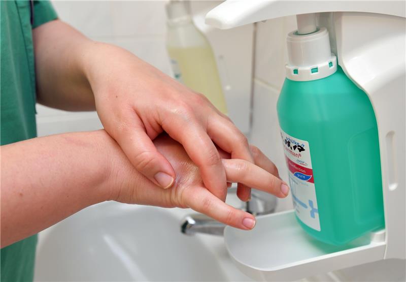 Eine Krankenschwester reinigt sich ihre Hände mit Desinfektionsmittel in einem Kreiskrankenhaus. Foto: Patrick Pleul/ZB/dpa