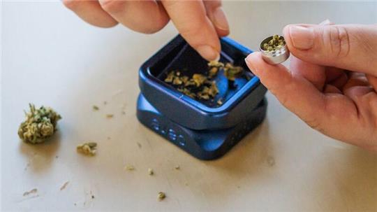 Eine Patientin füllt zerkleinertes medizinisches Cannabis in eine Metallkapsel.