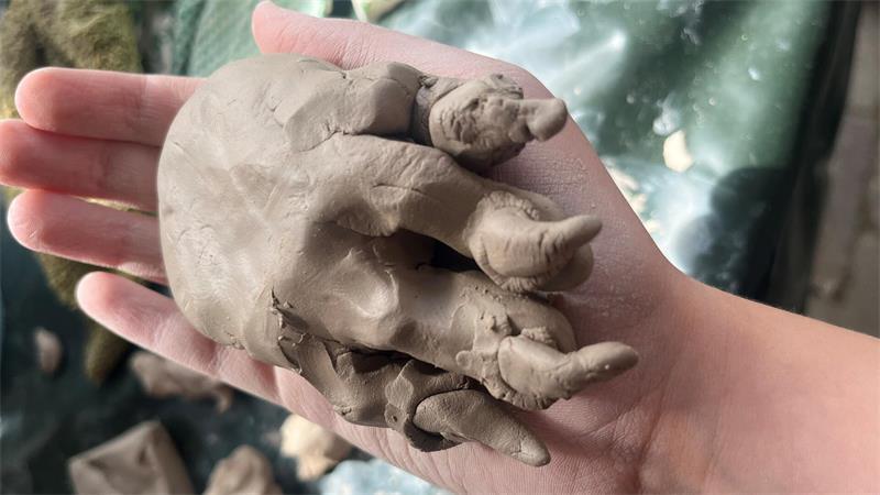 Eine Pfote des Dinosauriers ist schon fertig.