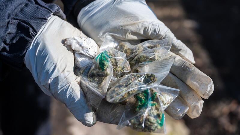 Eine Polizistin hält kleine Tütchen mit Marihuana in den Händen (Symbolbild).