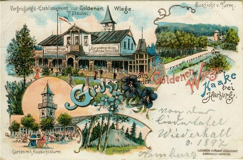 Die "Harburger Schweiz": Ein beliebtes Ausflugsziel seit mehr als 100 Jahren Eine Postkarte preist die Attraktionen an: In der „Goldenen Wiege“ versprach ein „Garten mit Aussichtsturm“ viel Vergnügen. Fotos: AMH/Lepél