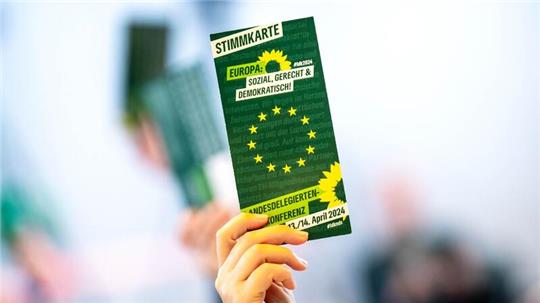Eine Stimmkarte wird beim Landesparteitag der Grünen in Niedersachsen in den in den Weser-Ems-Hallen hochgehalten.