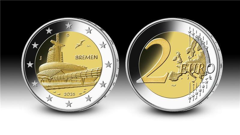 Eine Zwei-Euro-Münze zeigt ein Wahrzeichen aus dem Bundesland Bremen - das Klimahaus Bremerhaven. (Handout)