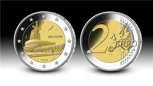 Eine Zwei-Euro-Münze zeigt ein Wahrzeichen aus dem Bundesland Bremen - das Klimahaus Bremerhaven. (Handout)