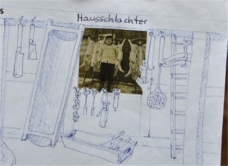 Eine der Skizzen für ein Gefach: der „Hausschlachter“ mit seinem Handwerkszeug.