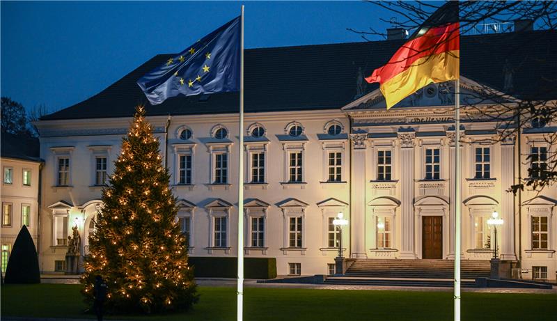 Eine elf Meter hohe Nordmanntanne steht im Garten vom Schloss Bellevue. Sie stammt aus Oerel im Landkreis Rotenburg. Foto: Jens Kalaene/dpa