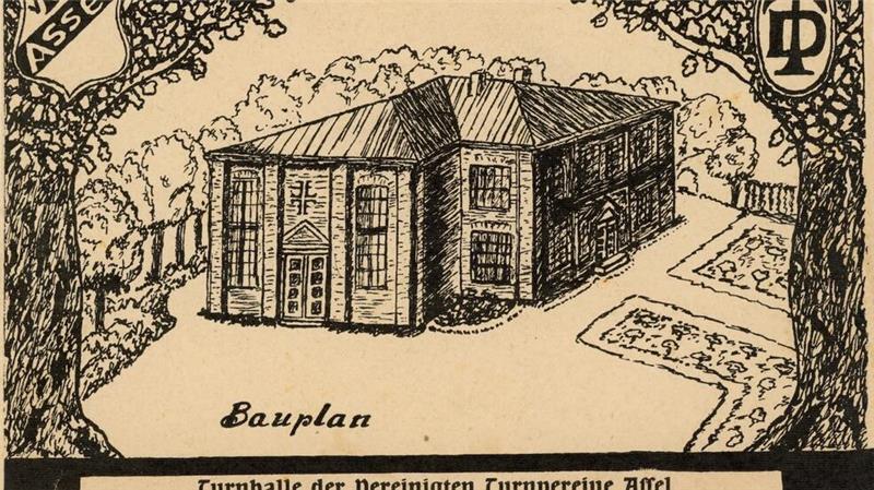 Eine historische Handskizze der Alten Turnhalle. Hobby-Archivar Michael Pehmüller geht davon aus, dass es sich um eine Konzeptzeichnung für die ursprünglich geplante Halle des VTV handelt. Auf der Rückseite der Karte steht: "Wohltätigkeit Karte für den Turnhallenbau in Assel".