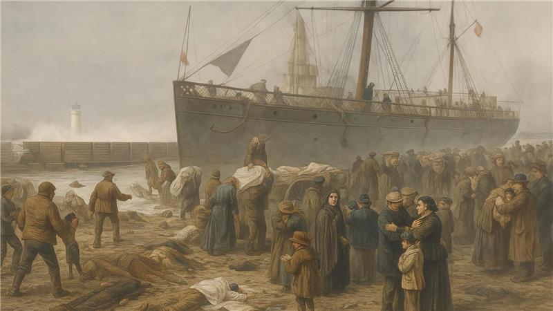 Eine kolorierte Illustration, basierend auf einer Zeichnung aus dem Jahr 1875, zeigt den Moment nach dem Unglück. 