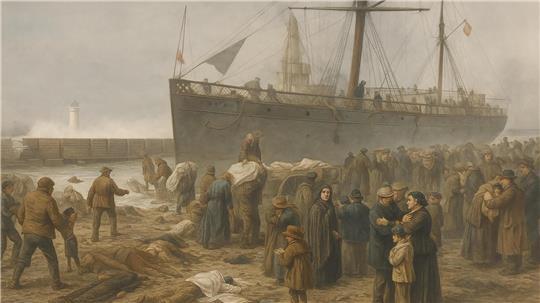 Eine kolorierte Illustration, basierend auf einer Zeichnung aus dem Jahr 1875, zeigt den Moment nach dem Unglück. 