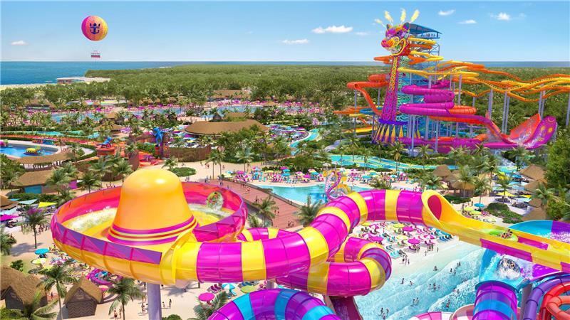 Eine quietschbunte Melange aus Rutschen - das kennt man auch von den Riesenschiffen von Royal Caribbean. Nur konsequent, dass man solche Rutschenparks auch in dem Privatresort der Reederei finden wird, das gerade nahe der Stadt Mahahual an der mexikanischen Küste gebaut wird. «Perfect Day at Mexico» soll 2027 öffnen.