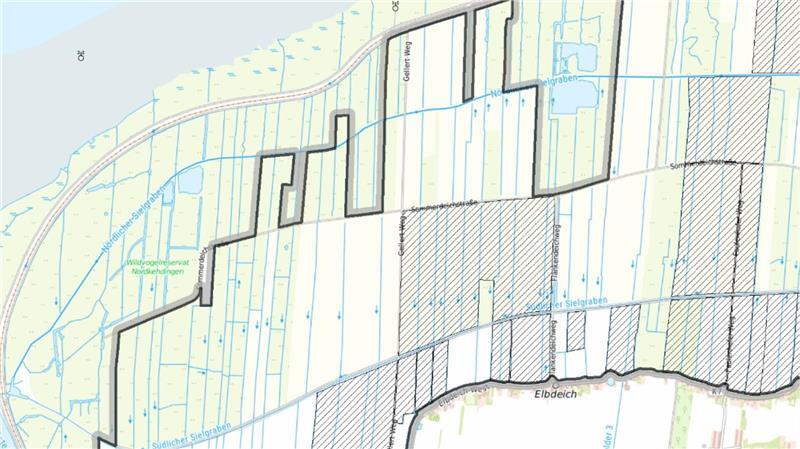 Eine von vier Karten aus Kehdingen: Auf diesen sind schraffiert die Flächen festgehalten, die für eine Freistellung als Kleilager-Flächen überhaupt infrage kommen könnten.