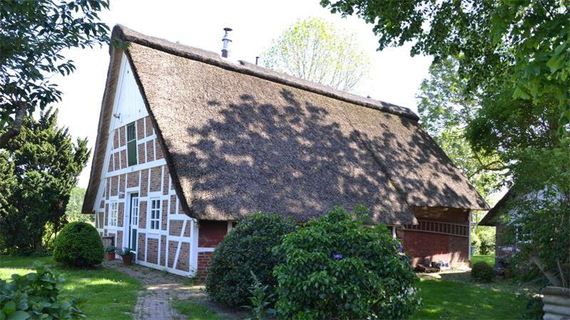 Eines der schmucken Reetdachhäuser am alten Deich, deren Dächer mit Mitteln der Dorfentwicklung neu gedeckt wurden.