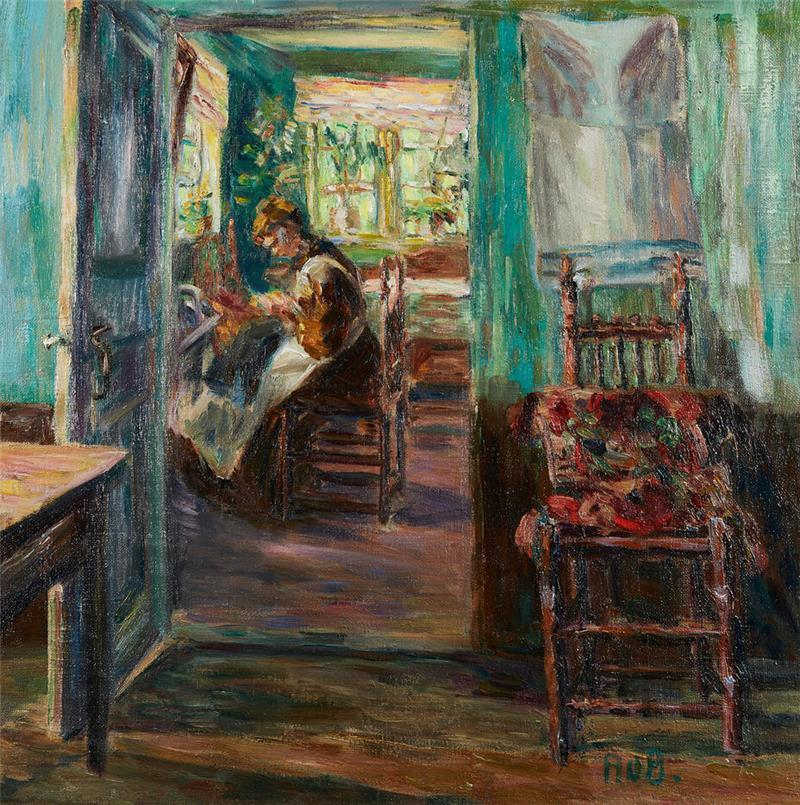 Einige Werke sind von Gastaufenthalten im Alten Land inspiriert, so wie Alma del Bancos „Altländer Interieur mit Frau bei Heimarbeit“.