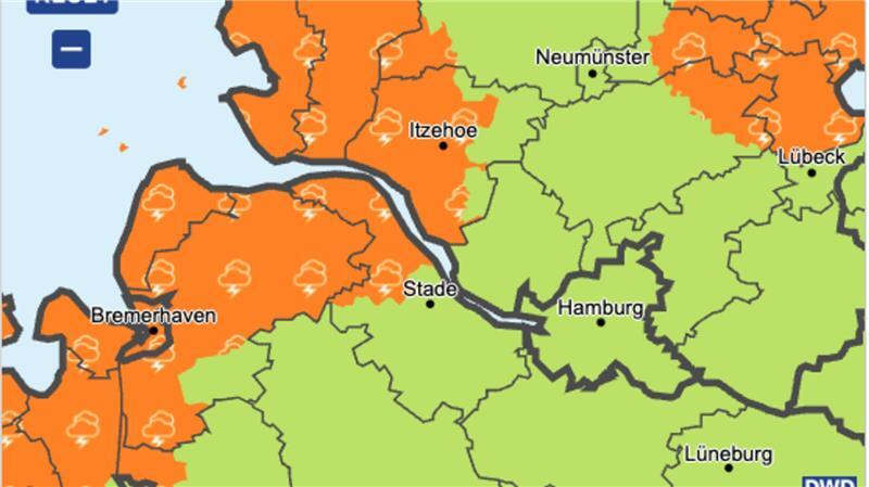 Screenshot der aktuellen Unwetterwarnung im Landkreis Stade. 