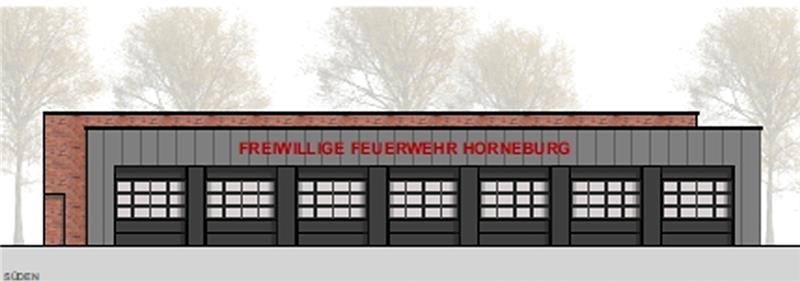 Entwurf: So soll das neue Feuerwehrgerätehaus in Horneburg aussehen. Zeichnung Frenzel und Frenzel