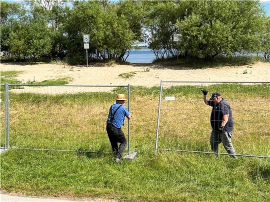 Erich Ellert und Dieter Miesner stellen die Bauzäune am Bassenflether Strand in Twielenfleth auf. Fotos: Vasel