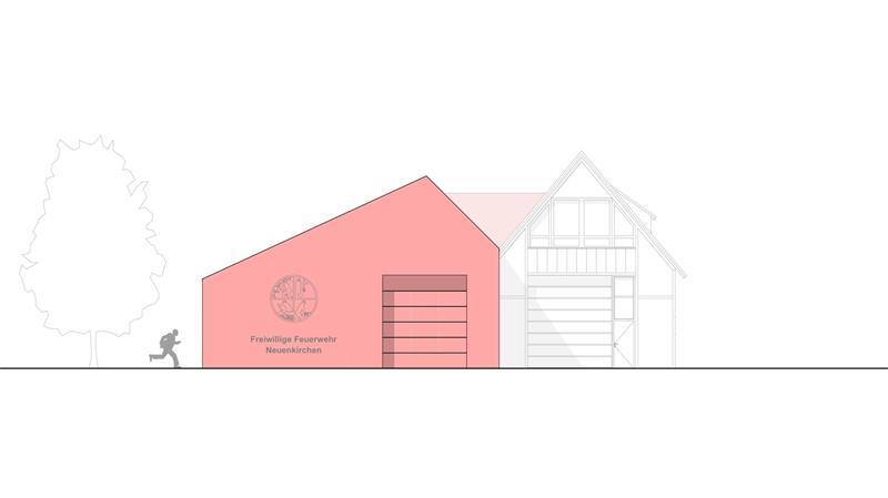 So könnte das Feuerwehrgerätehaus Neuenkirchen im Jahr 2028 aussehen Erster Entwurf: So könnte das Feuerwehrgerätehaus in Neuenkirchen nach der Erweiterung (rot) aussehen.