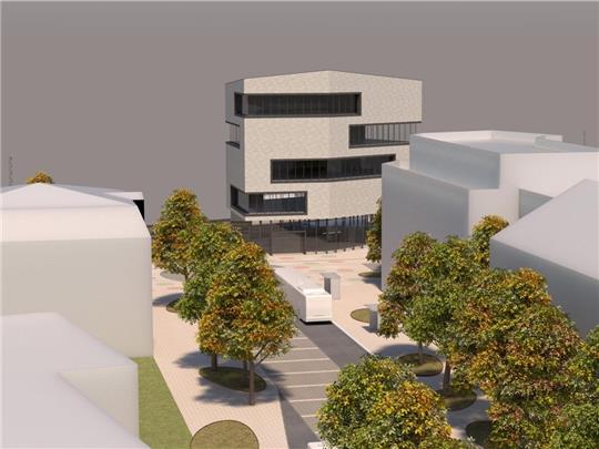 Es gibt viele Ideen für den Buxtehuder Bahnhof. So könnte das fünfstöckige Gebäude an der Unterführung aussehen. Grafik: Stadt Buxtehude / Bahnstadt