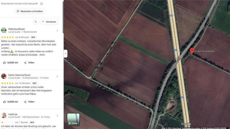 Etliche Nutzer bewerten den Stromkasten bei Google Maps mit fünf Sternen.