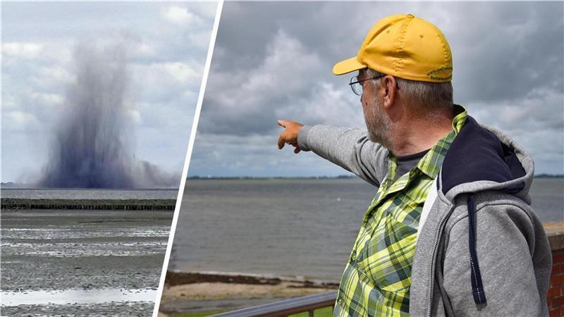 Unerwartete Explosion im Watt schockiert Wanderer - „Druckwelle gespürt“ Etwa 2,5 Kilometer von der Küste entfernt wurden 15 britische Wasserbomben aus dem Zweiten Weltkrieg gesprengt. Wattführer Thomas Büsing war mit seiner 30-köpfigen Gruppe nicht weit entfernt.