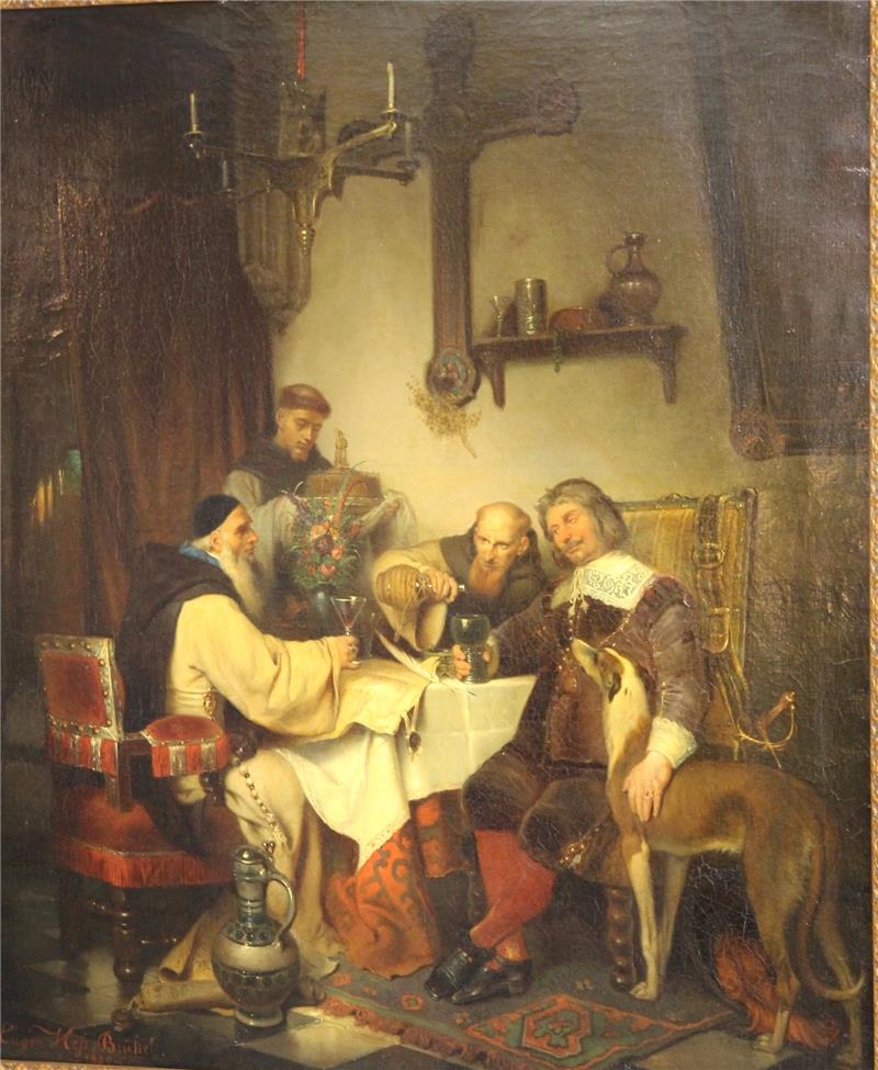 Eugen Heß‘ Gemälde „Ein Ritter bei Dominikanern zu Gast“ von 1850: Die Urkunde zur Übertragung der Güter an das Kloster liegt auf dem Tisch bereit, der Mönch schenkt dem Ritter noch ein Glas Wein nach. Foto Richter