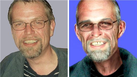 Fahndungsfotos von RAF-Terrorist Ernst-Volker Staub im Jahr 2002 (l.) und ein vom LKA angefertigtes Aging-Foto, wie Staub heute aussehen könnte (r.).