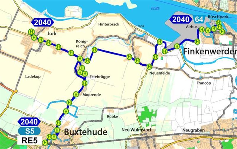 Von Buxtehude bis Finkenwerder ohne Umstieg – Das bringt der Fahrplanwechsel Fahrplanwechsel: Die Karte zeigt den Verlauf der Buslinie 2040 ab 10. Dezember.