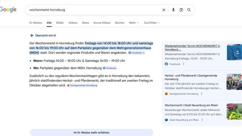 Falschinformationen bei Google: Samstags gibt es gar keinen Wochenmarkt in Horneburg.