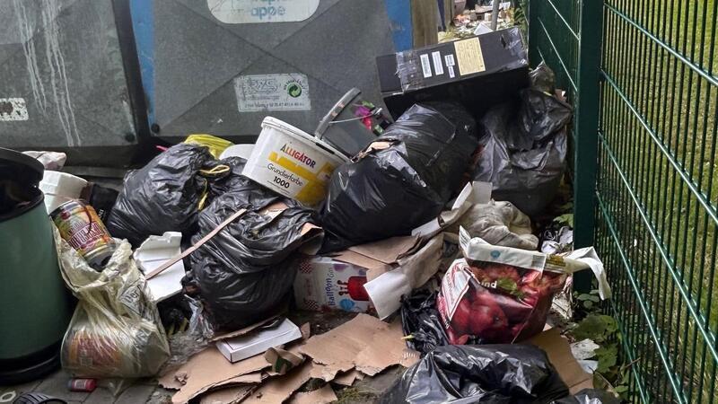 Farbeimer, Müllsäcke, Pappe: Hinter und zwischen den Altglas- und Altpapiercontainern am Brink türmt sich, was Müllfrevler heimlich abgeladen haben.