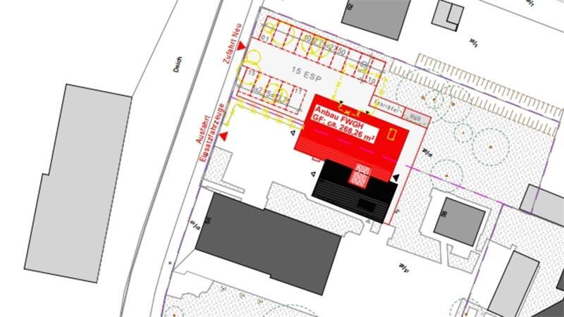 So könnte das Feuerwehrgerätehaus Neuenkirchen im Jahr 2028 aussehen Feuerwehrgerätehaus Neuenkirchen: Die Zu- und Ausfahrt für Einsatz- und Privat-Fahrzeuge wird getrennt.
