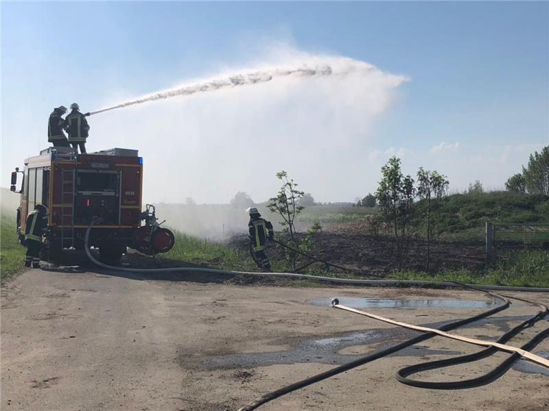 Feuerwehrleute bekämpfen einen Flächenbrand am Barnkruger Hafen. Fotos: Feuerwehr Assel