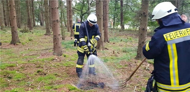 Feuerwehrleute löschen die kokelnden Brandstellen ab. Foto: Zimmermann