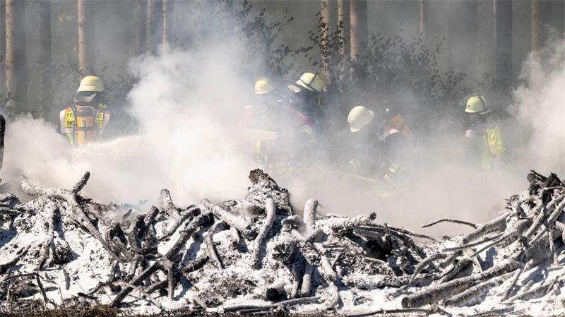 Feuerwehrleute löschen einen Böschungsbrand zwischen Sauerlach und Hofolding in der Nähe der Autobahn A8.
