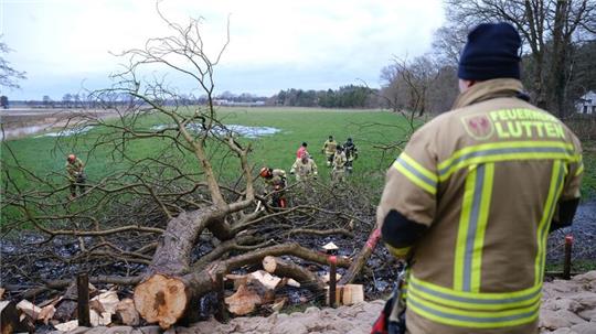 Feuerwehrleute zersägen einen umgestürzten Baum bei Sandkrug.