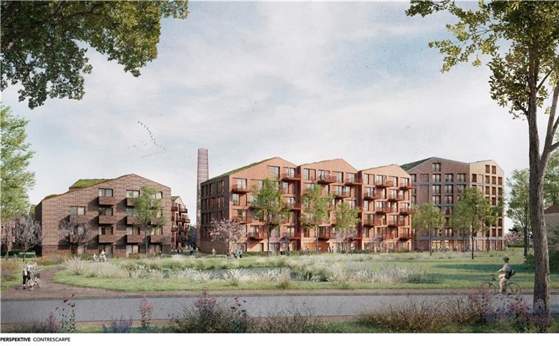 Flach geneigte, begrünte Dächer, Klinkerfassaden und ein stilisierter Schornstein - so soll das Gummi-Schmidt-Gelände bebaut werden. Visualisierung: LRW-Architekten