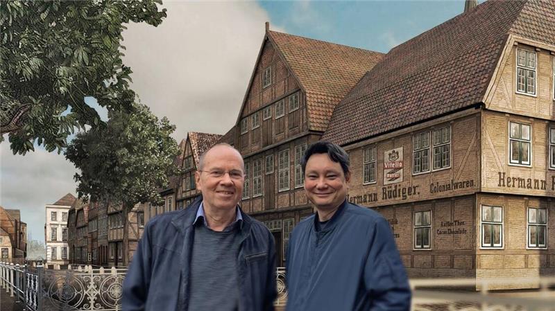 Fotomontage mit Reiner Sprenger und Bernd Utermöhlen in der virtuellen Buxtehuder Altstadt.