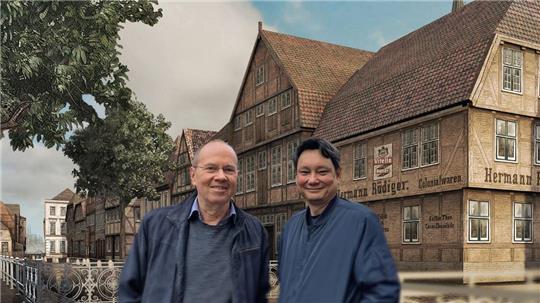 Fotomontage mit Reiner Sprenger und Bernd Utermöhlen in der virtuellen Buxtehuder Altstadt.