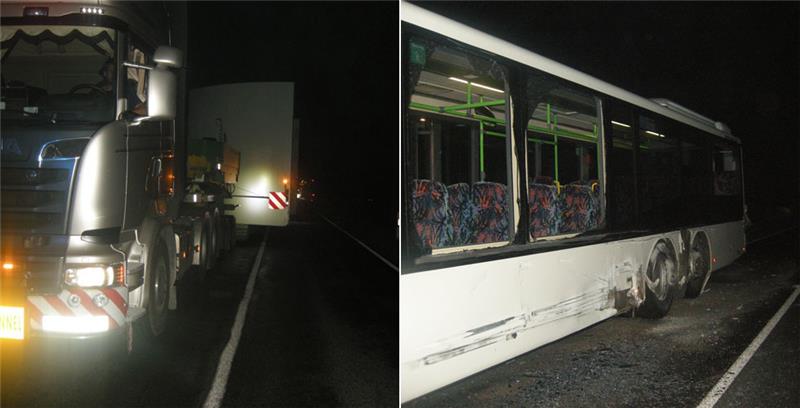 Schwertransport und Linienbus stoßen zusammen Fotos: Polizei