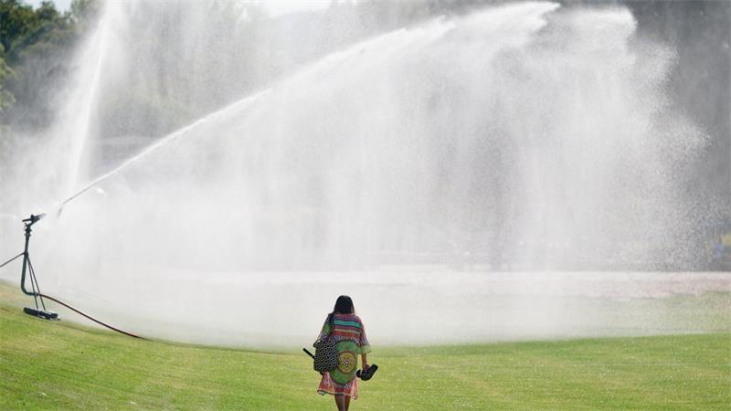 Frau geht vor Rasensprenger über Neckarwiese