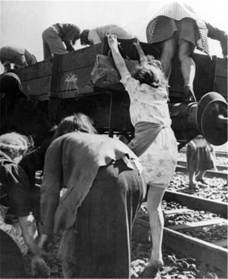 Frauen bücken sich nach Kohlenstücken und klettern den Waggon eines Kohlenzuges, um das begehrte Heizmaterial zu stehlen. Im kalten Winter 1946/47 hatte Josef Kardinal Frings den Kohleklau in seiner Silvesterpredigt moralisch gerechtfertigt.