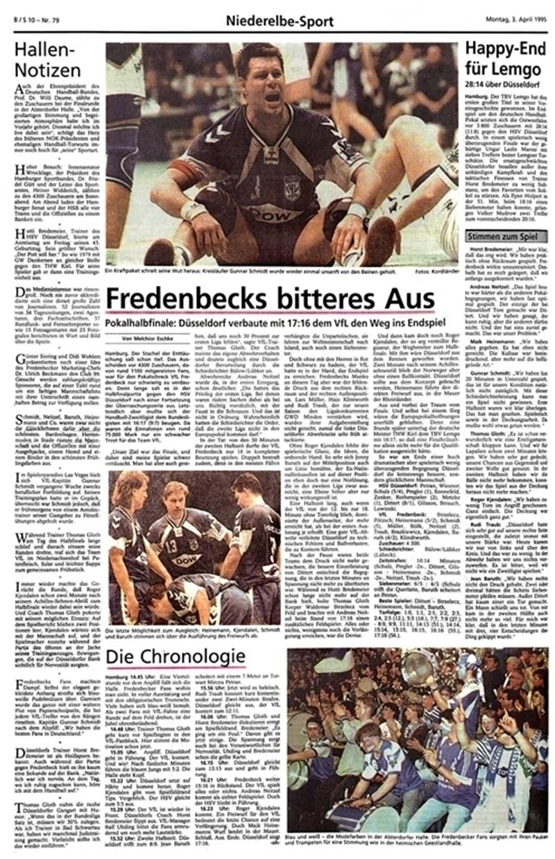 „Fredenbecks bitteres Aus“ war die Schlagzeile : Eine ganze Seite widmete das TAGEBLATT dem Final Four 1995 in Hamburg.