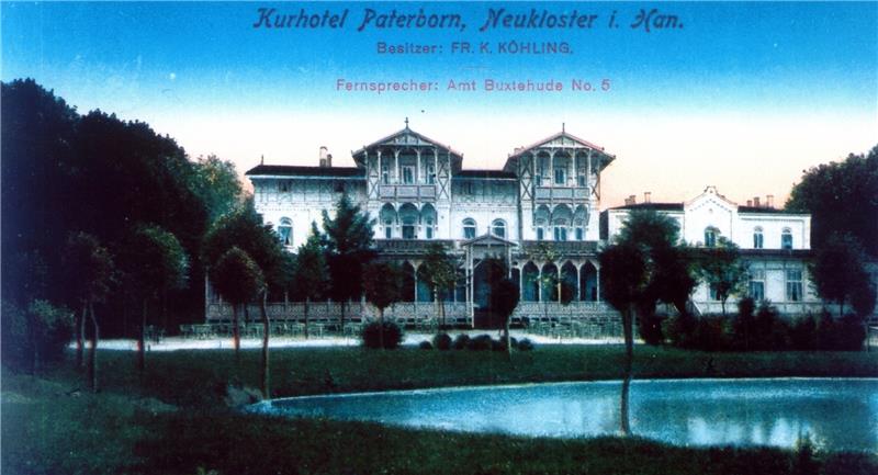 Friedrich Köhling hatte im Herbst 1908 das Kurhotel Paterborn in Neukloster übernommen und diese Ansichtskarte drucken lassen. Es wurde 1968 abgerissen. Fotos Fuhst / Stadtarchiv / Vasel