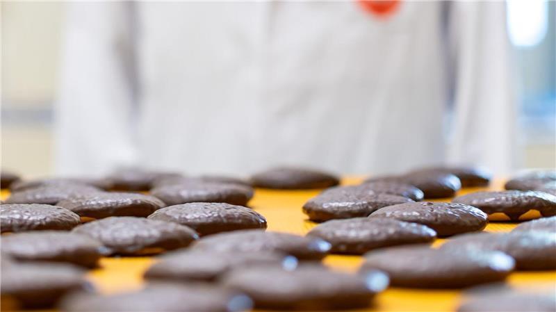 Lebkuchen-Hersteller im Backstress - bald startet Verkauf Frisch gebackene Lebkuchen laufen auf einem Band in der Produktion des Lebkuchenherstellers Schmidt.